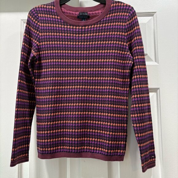 Tommy Hilfiger Purple Orange Pima Cotton Houndstooth Sweater Size S - Picture 3 of 11